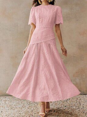 Pink Elegant Women's Round Neck Short Sleeve Dress